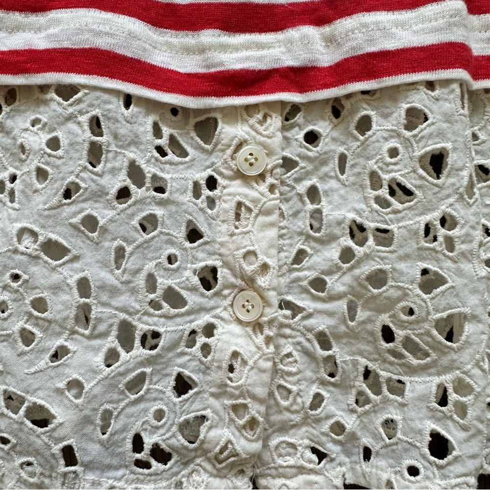 TORY BURCH Womens Linen Striped Top Blouse Medium Eyelet Lace Hem Red Layered - Picture 2 of 7